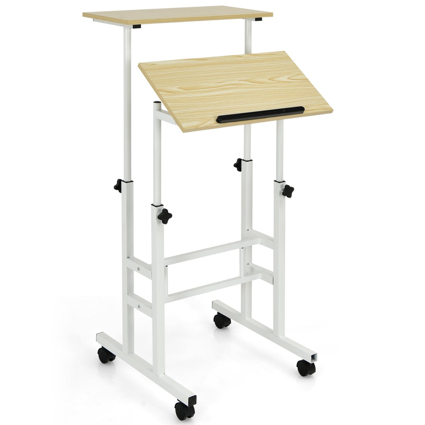 2-Tier Adjustable Standing Desk on Wheels-Natural, Costway, 1