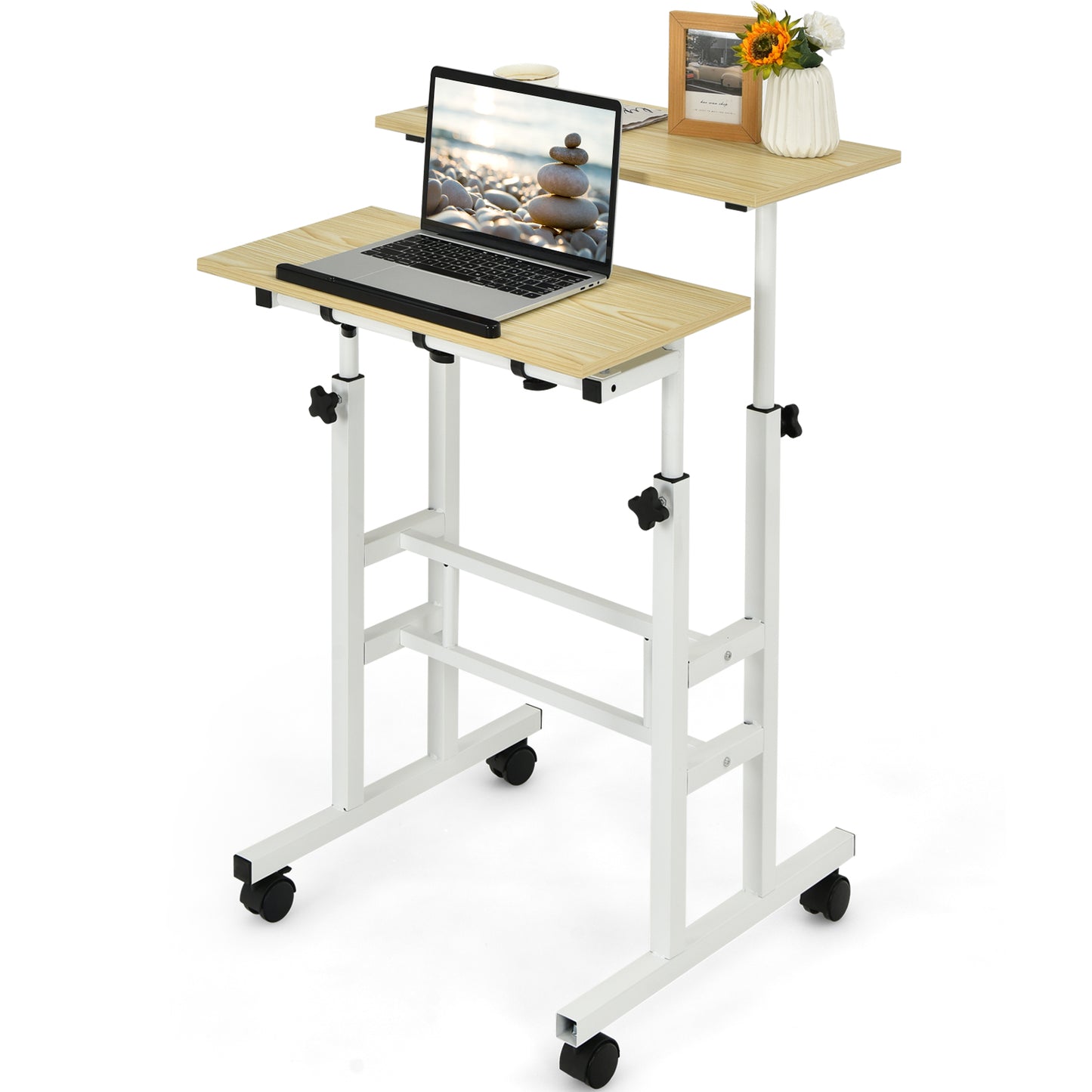 2-Tier Adjustable Standing Desk on Wheels-Natural, Costway, 4