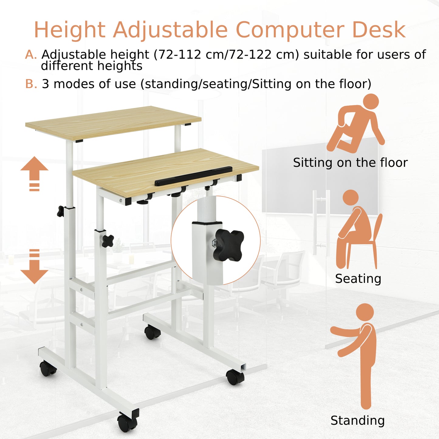 2-Tier Adjustable Standing Desk on Wheels-Natural, Costway, 6