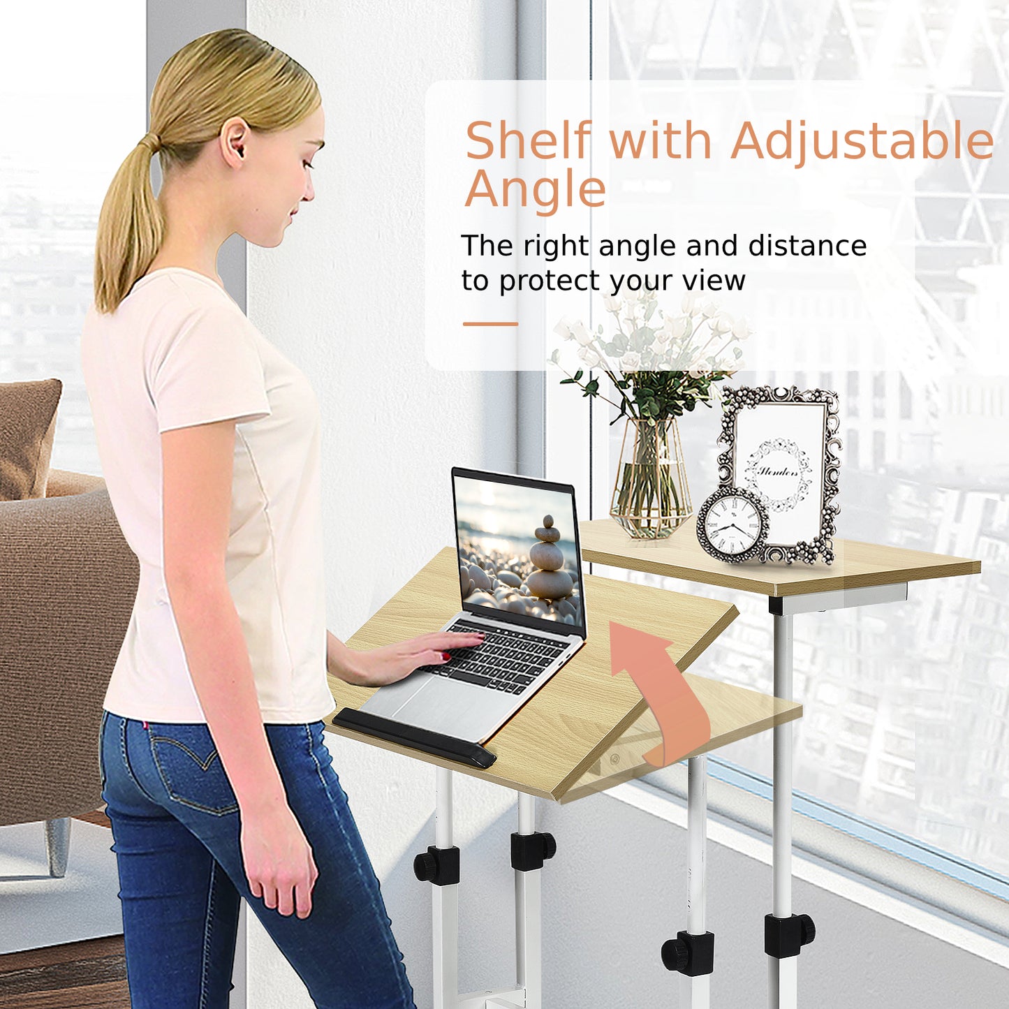 2-Tier Adjustable Standing Desk on Wheels-Natural, Costway, 7
