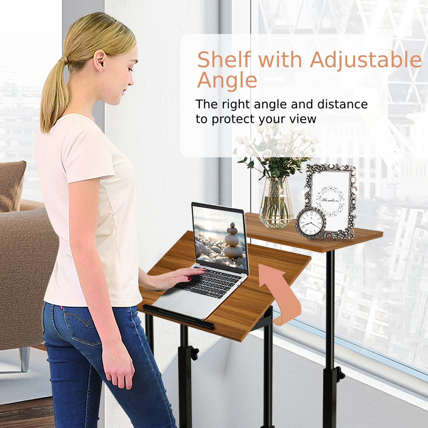 2-Tier Adjustable Standing Desk on Wheels-Walnut, Costway, 7