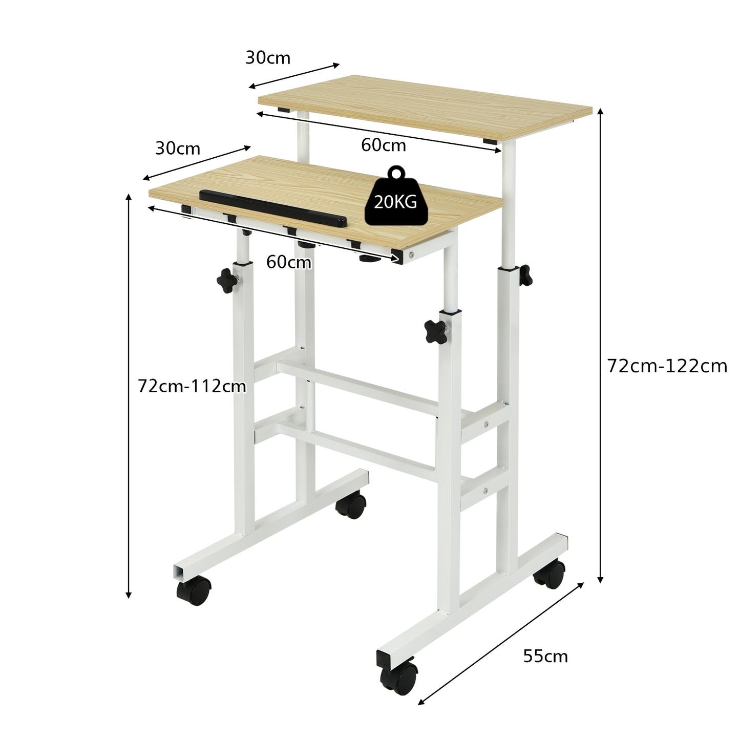 2-Tier Adjustable Standing Desk on Wheels-Natural, Costway, 5
