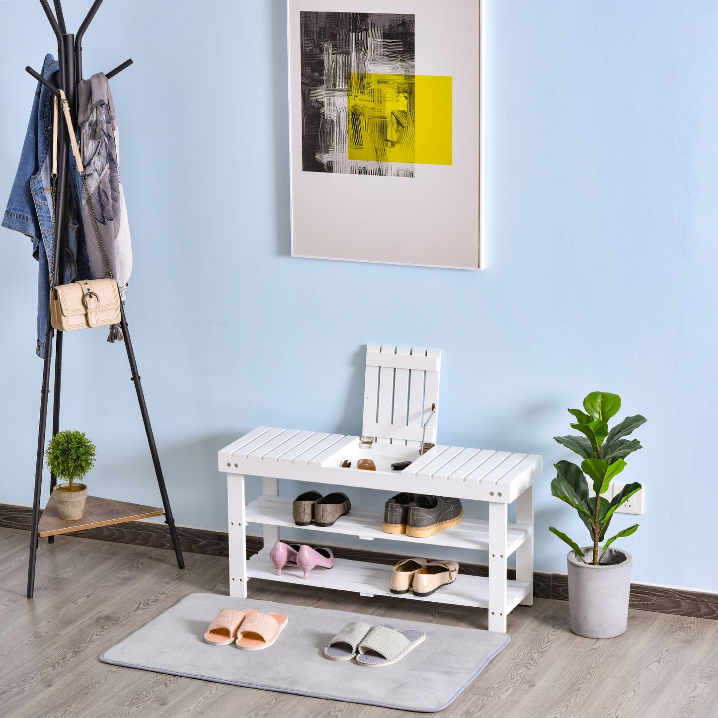 Shoe Bench, 3-Tier Wooden Shoe Rack with Hidden Storage Compartment, Slatted Shelves, Home Storage Unit, Hallway Furniture, White, 90L x 29W x45H cm, HOMCOM, 2