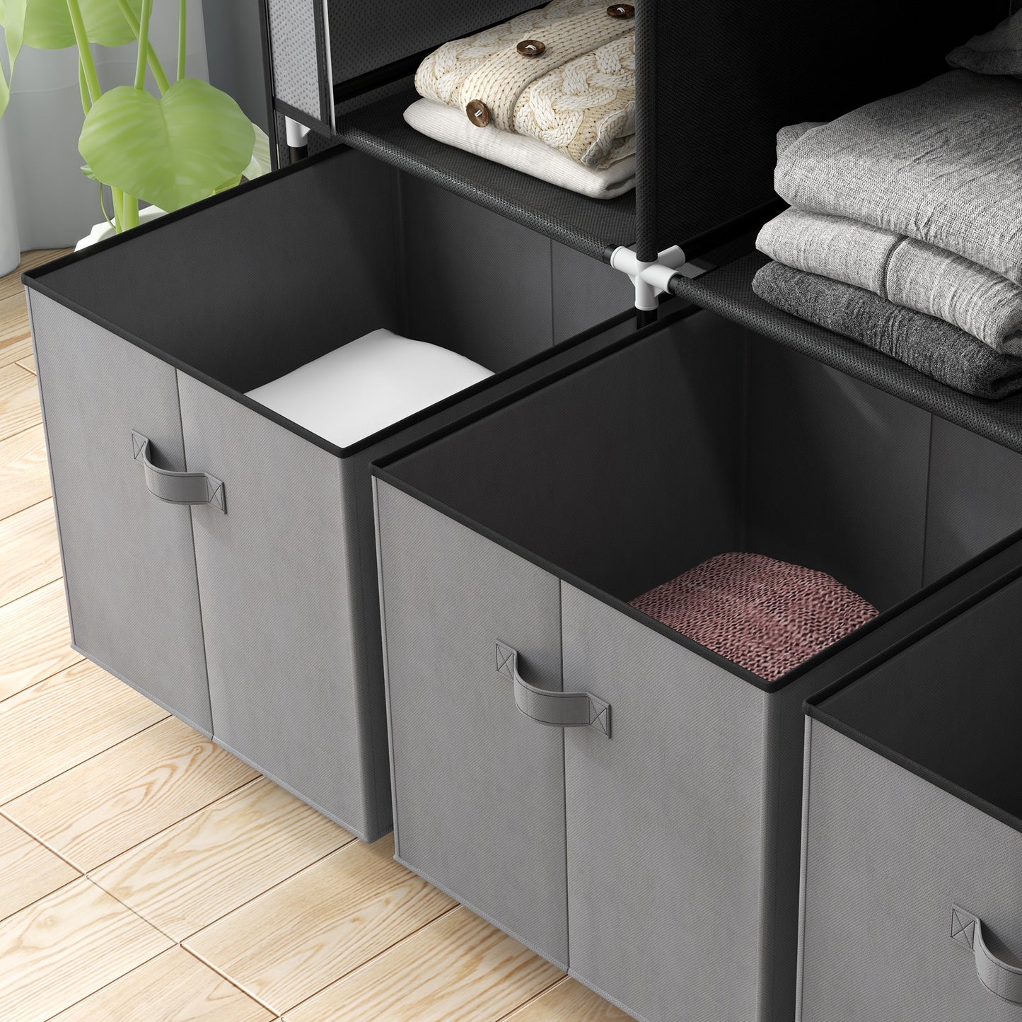Fabric Wardrobe for Bedroom, Portable Wardrobe with 5 Shelves, 2 Hanging Rails and 3 Fabric Drawers, Foldable Closet, 125 x 43 x 162.5cm, Dark Grey, HOMCOM, 9