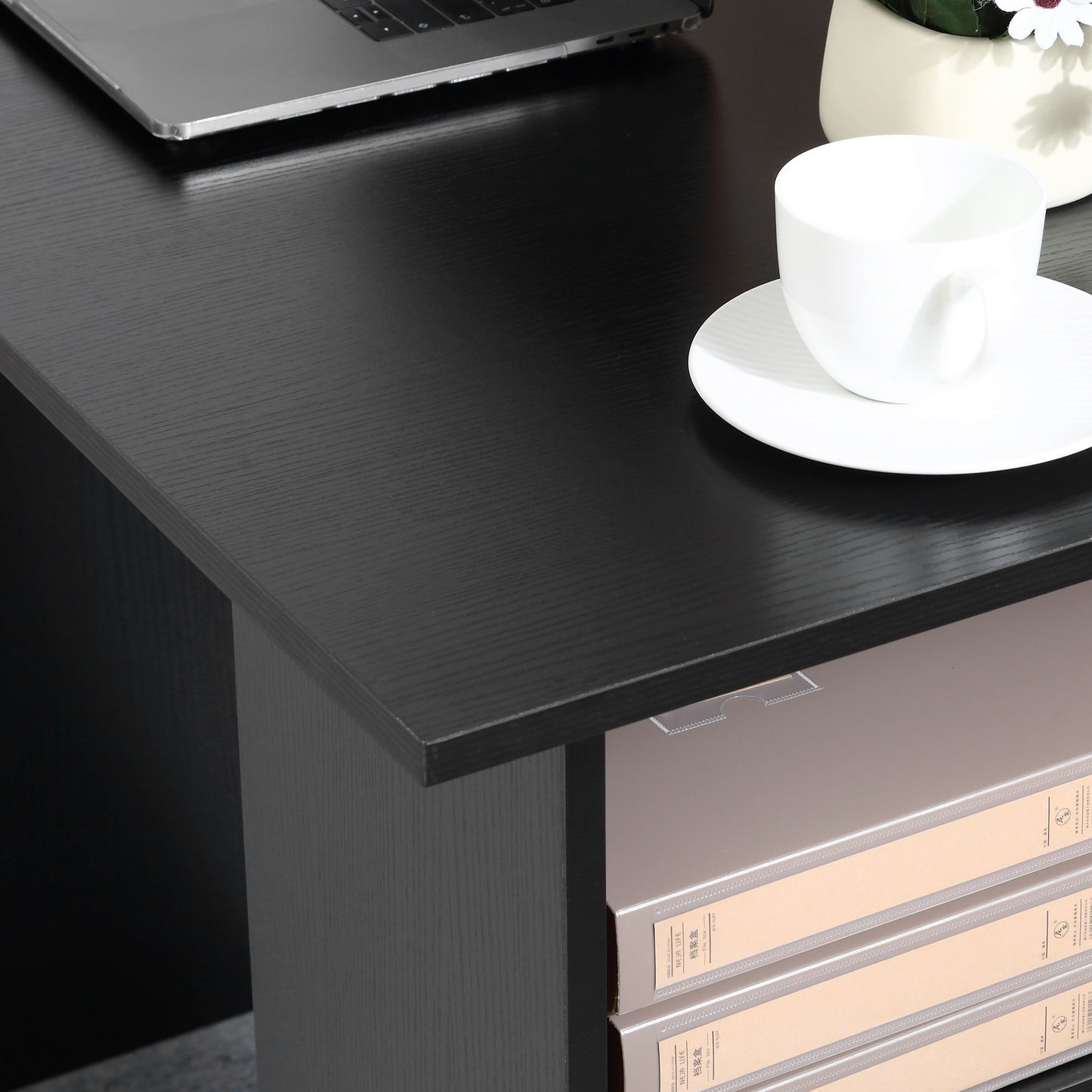 Computer Desk, Writing Table, PC Workstation with 3 Storage Shelves and Drawers, Black Handle, for Home Office, Black, HOMCOM, 8