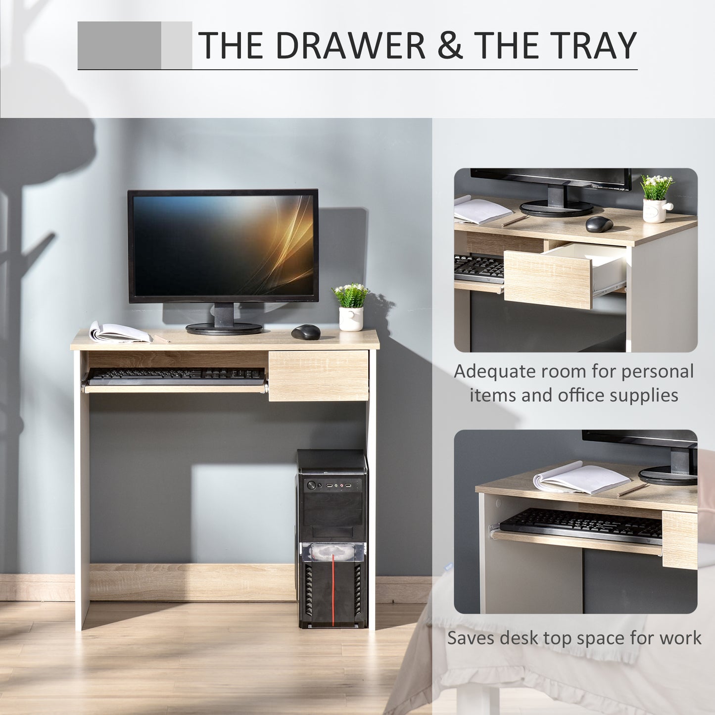 Compact Computer Table with Keyboard Tray Drawer Study Office Working Writing Desk, Oak Colour, HOMCOM, 4