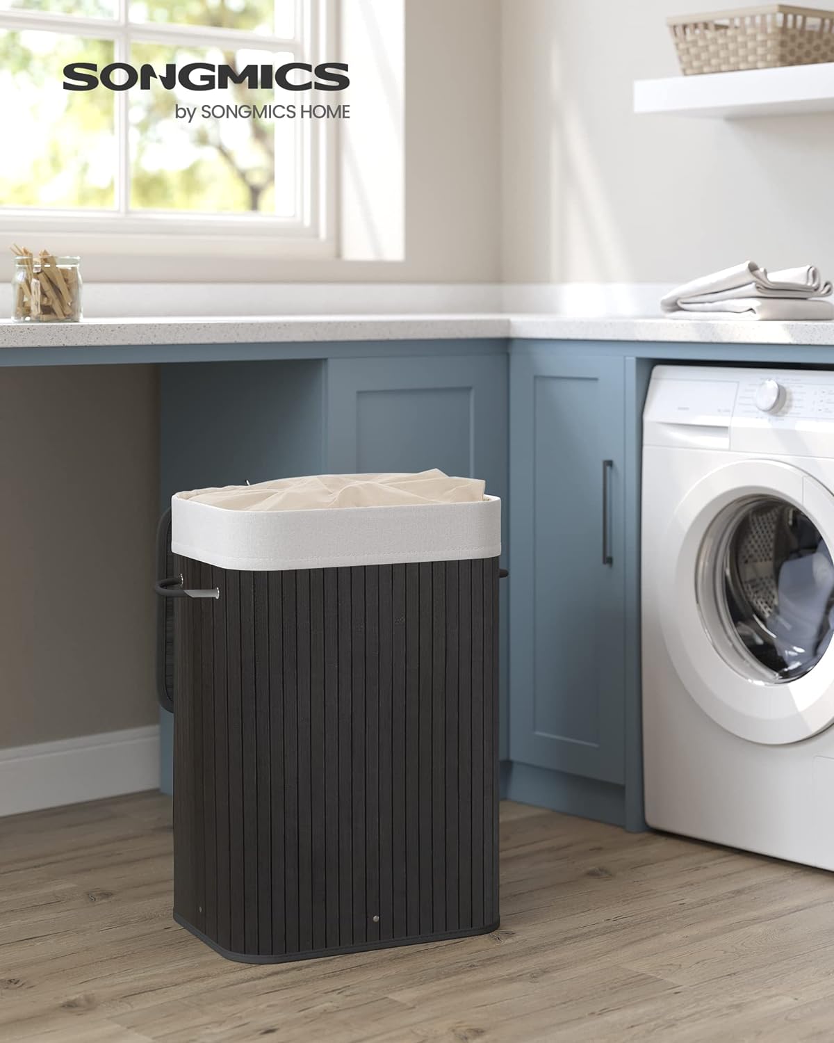 Bamboo Laundry Basket, Foldable Laundry Basket, Black Laundry Bin, 72L, 40 x 30 x 60 cm, Black, SONGMICS, 8