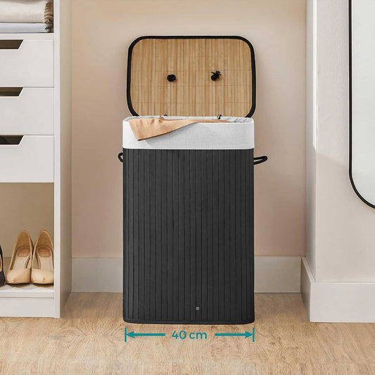 Bamboo Laundry Basket, Foldable Laundry Basket, Black Laundry Bin, 72L, 40 x 30 x 60 cm, Black, SONGMICS, 2