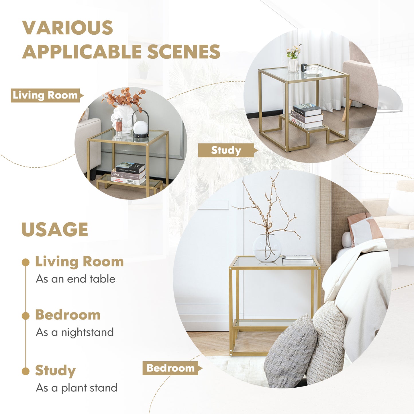 Bedside Table, Side Table, End Table, 2-Tier Snack Table with Golden Metal Frame and Tempered Glass Tabletop, Costway, 3