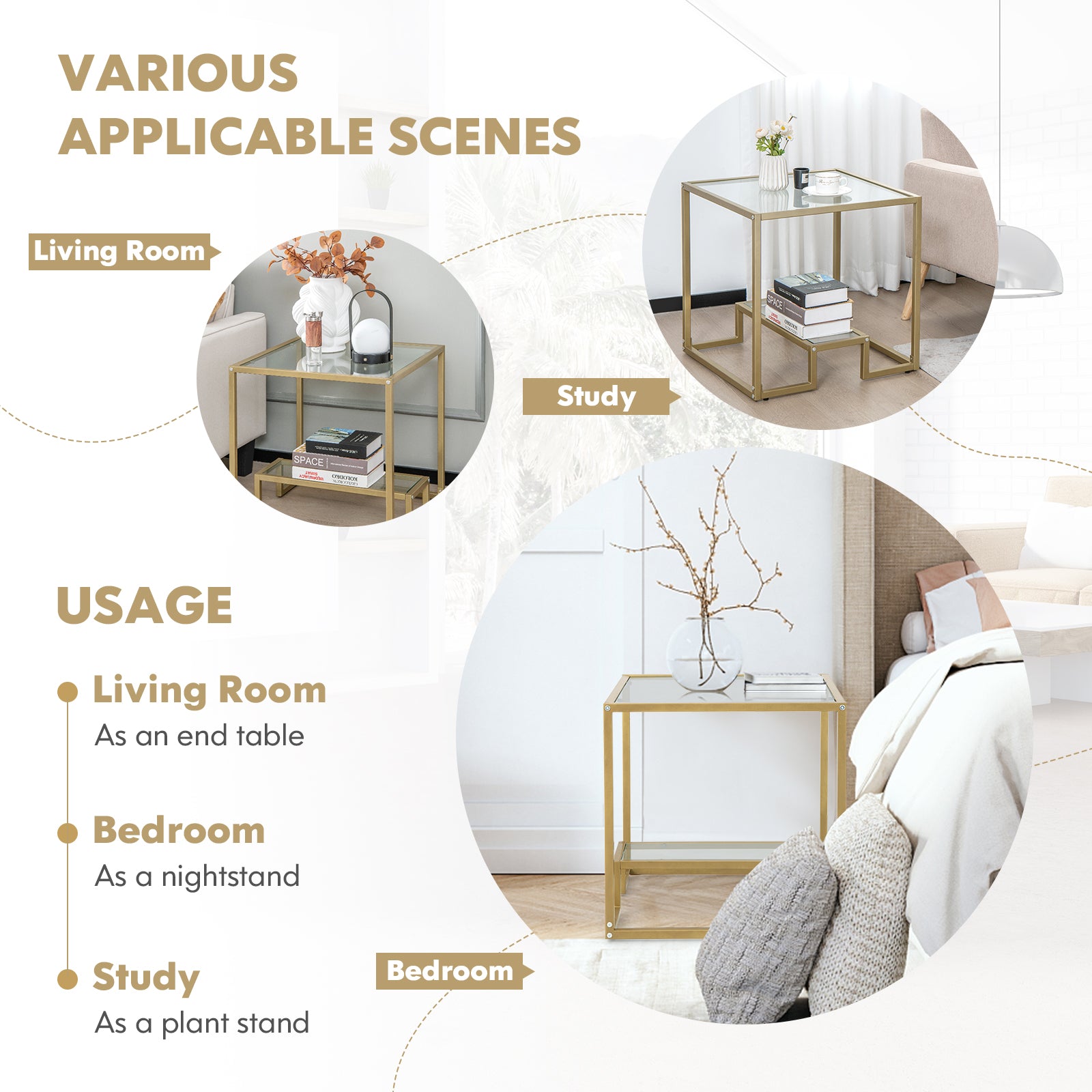 Bedside Table, Side Table, End Table, 2-Tier Snack Table with Golden Metal Frame and Tempered Glass Tabletop, Costway, 3