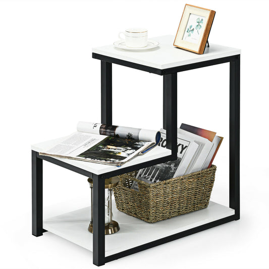 Bedside Table, Side Table, End Table, Industrial Styled End Table with 3 Shelves, White, Costway, 1