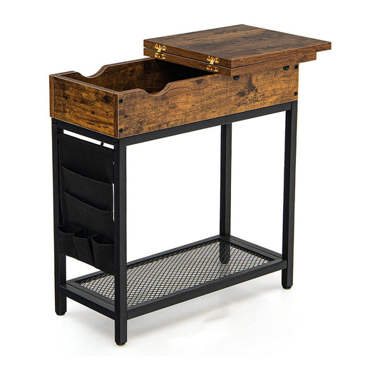 Bedside Table, Side Table, End Table, Industrial Slim Sofa Side Table with Charging Station and Flip Top, Costway, 1