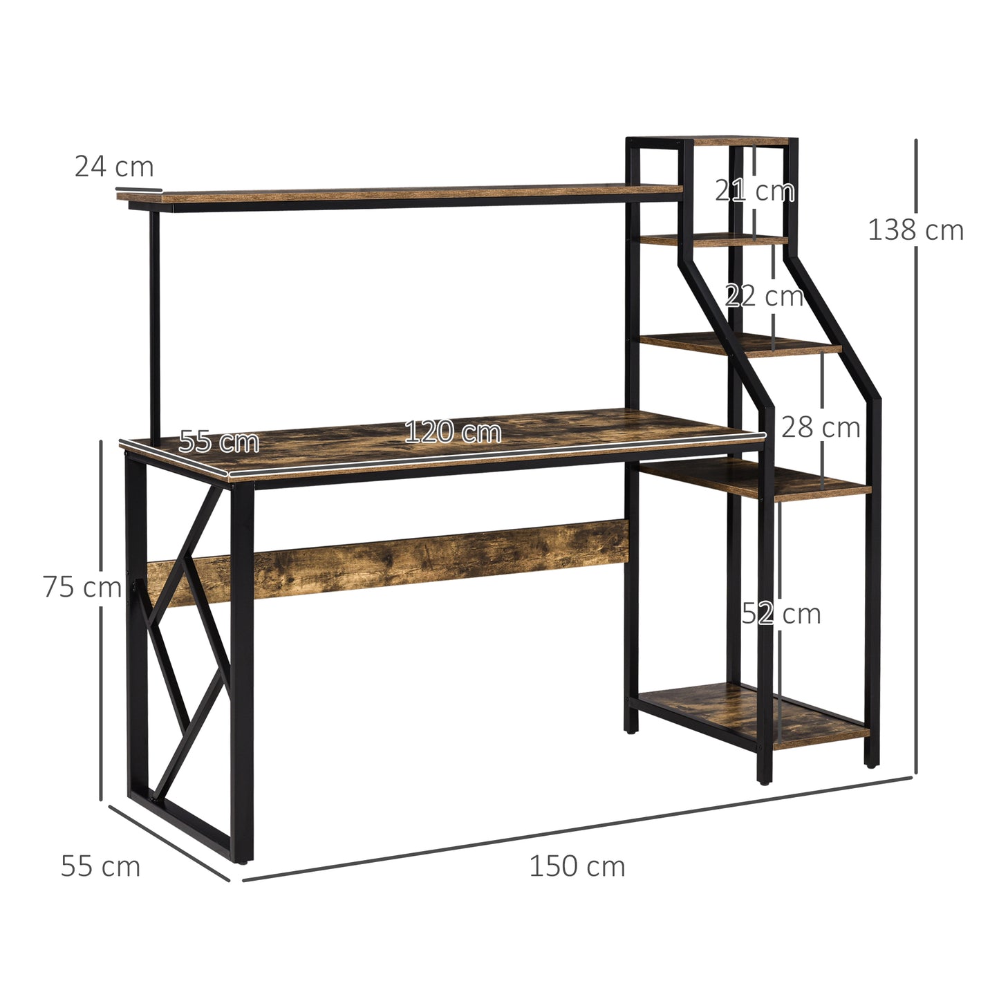 Computer Desk with Bookshelf, Industrial Writing Table with 6 Tier Storage Shelves for Home Office, Bedroom, Study, 150 x 55 x 138cm, Rustic Brown, HOMCOM, 3