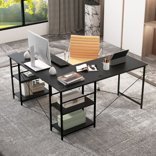 Wooden Industrial L-Shaped Desk with Storage Shelves-Black, Costway, 2