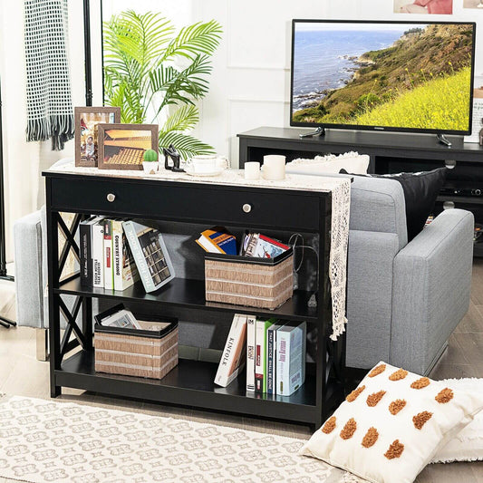 3-Tier Console Table with 1 Drawer and 2 Storage Shelves-Black, Costway, 2