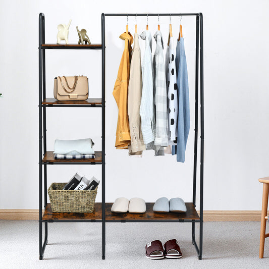 Clothes Rail, Industrial Clothes Rail, Free-Standing Garment Clothing Rack with 5-Tier Wood Shelves, Black, Costway