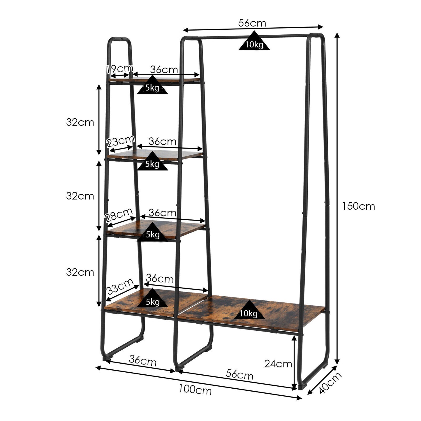 Clothes Rail, Industrial Clothes Rail, Free-Standing Garment Clothing Rack with 5-Tier Wood Shelves, Black, Costway, 3