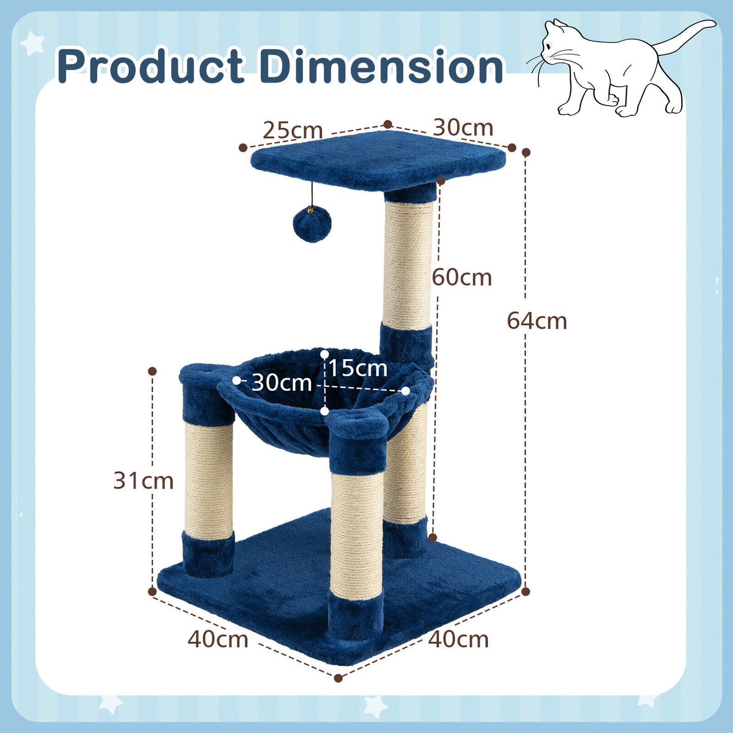 Cat Tree, Cat Tower, Cat Activity Centre, Multi-level Cat Activity Tree with Top Perch and Scratching Posts, Blue, Costway, 2