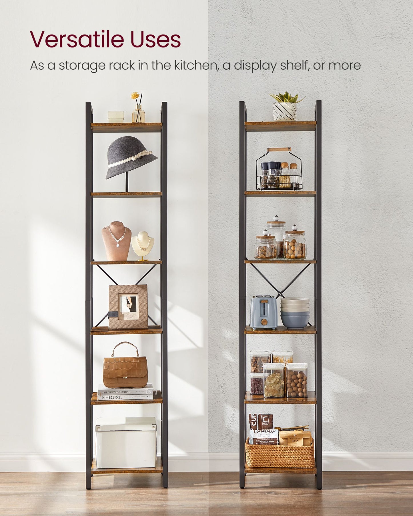 6-Tier Bookshelf, Bookcase, Open Storage Shelving, 40 x 30 x 178.6 cm, Industrial, Rustic Brown and Black, VASAGLE, 9