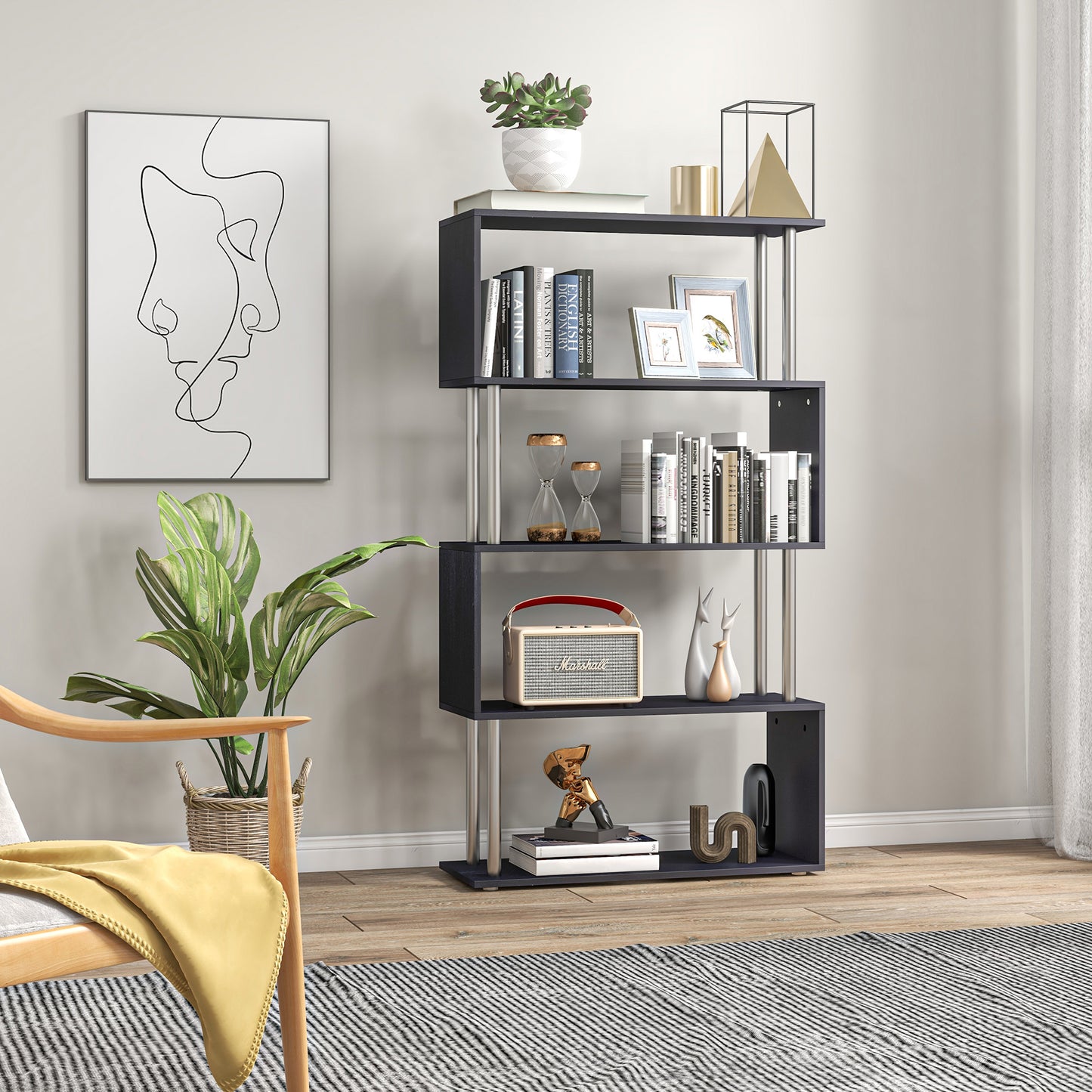 S-Shaped Bookcase, Contemporary Wooden Bookshelf Dividers, Spacious Storage Display Unit, Black, HOMCOM, 7