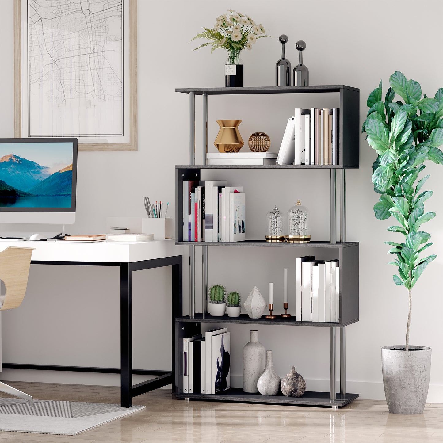 S-Shaped Bookcase, Contemporary Wooden Bookshelf Dividers, Spacious Storage Display Unit, Black, HOMCOM, 2