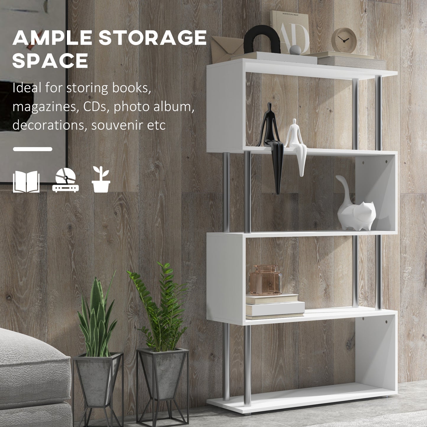 Wooden S Shape Bookcase, Bookshelf Dividers Storage Display Unit, Shelf, Shelving Units, White, HOMCOM, 4