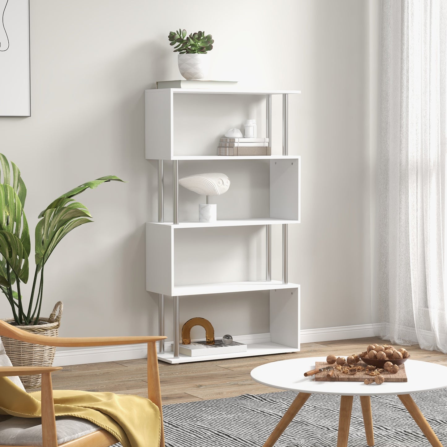 Wooden S Shape Bookcase, Bookshelf Dividers Storage Display Unit, Shelf, Shelving Units, White, HOMCOM, 2