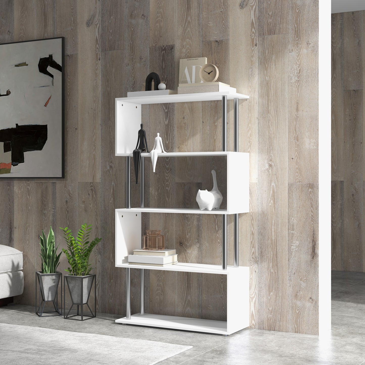 Wooden S Shape Bookcase, Bookshelf Dividers Storage Display Unit, Shelf, Shelving Units, White, HOMCOM, 7