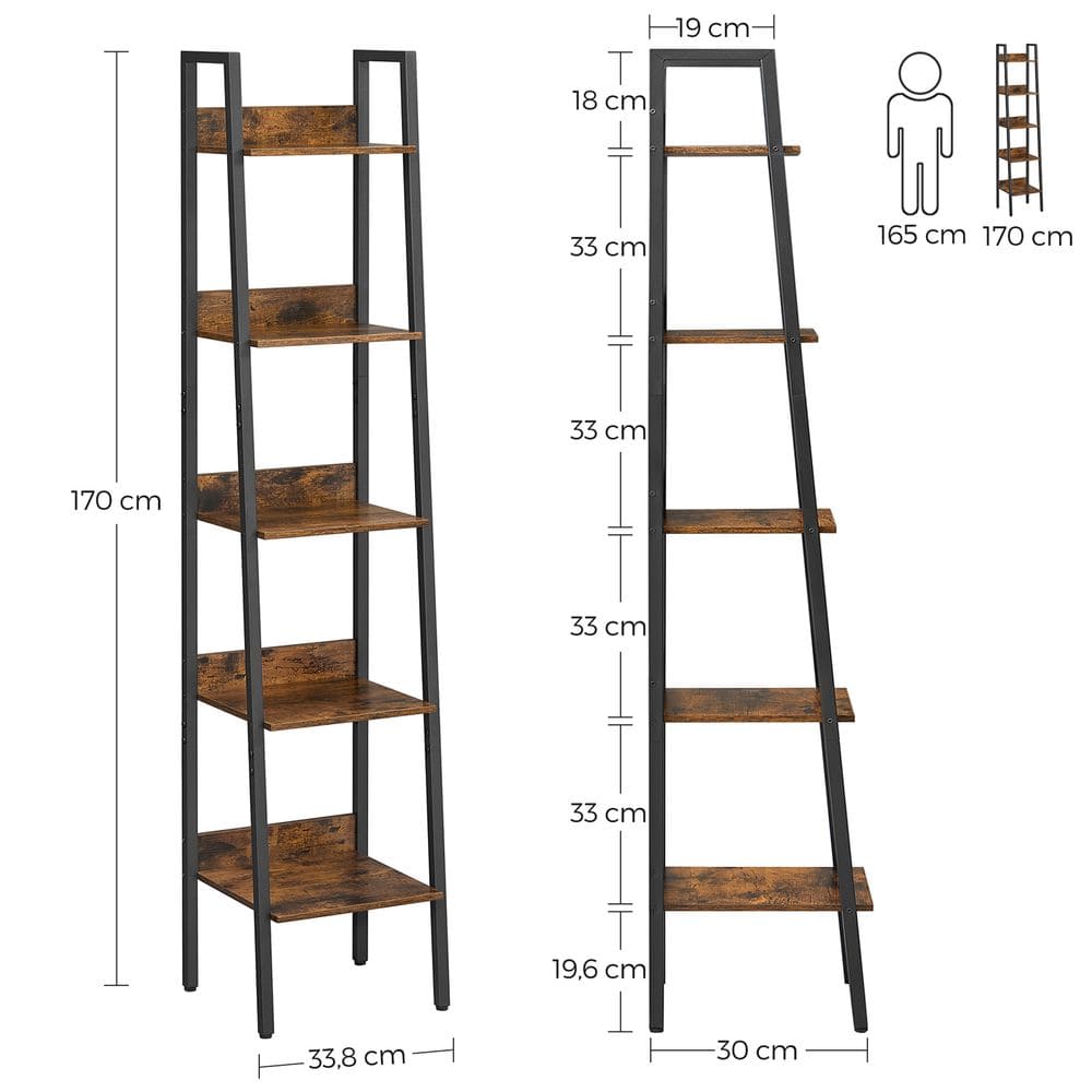 Ladder Shelf, 5-Tier Home Office Bookshelf, Freestanding Storage Shelves, Steel Frame, Bookcase, Industrial, Rustic Brown and Black, VASAGLE, 2
