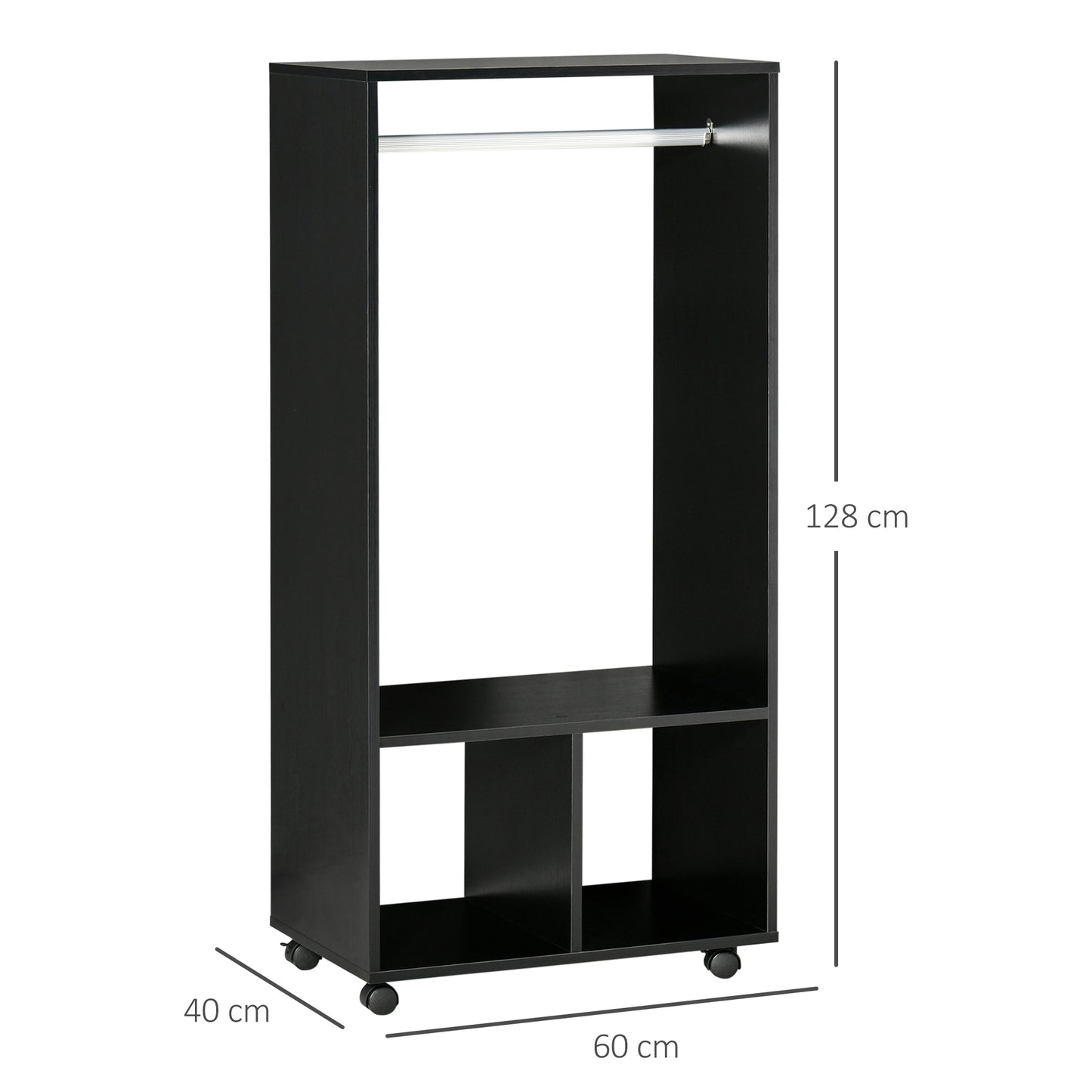 Open Wardrobe for Bedroom, Small Wardrobe on Wheels with Clothes Rail, Storage Shelves, Mobile Garment Rack for Clothes Storage, Cloakroom, Hallway, Black, HOMCOM, 3