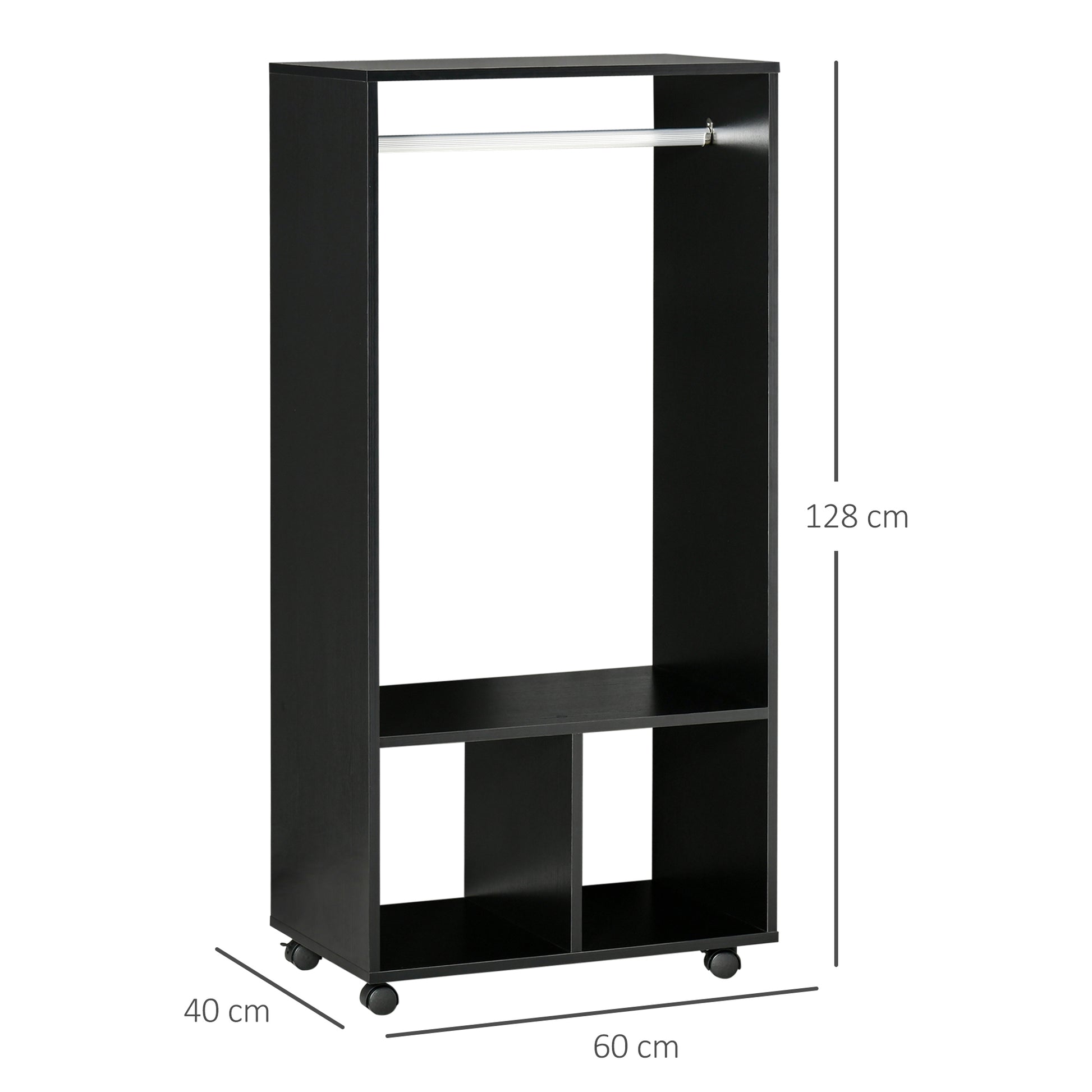Open Wardrobe for Bedroom, Small Wardrobe on Wheels with Clothes Rail, Storage Shelves, Mobile Garment Rack for Clothes Storage, Cloakroom, Hallway, Black, HOMCOM, 3