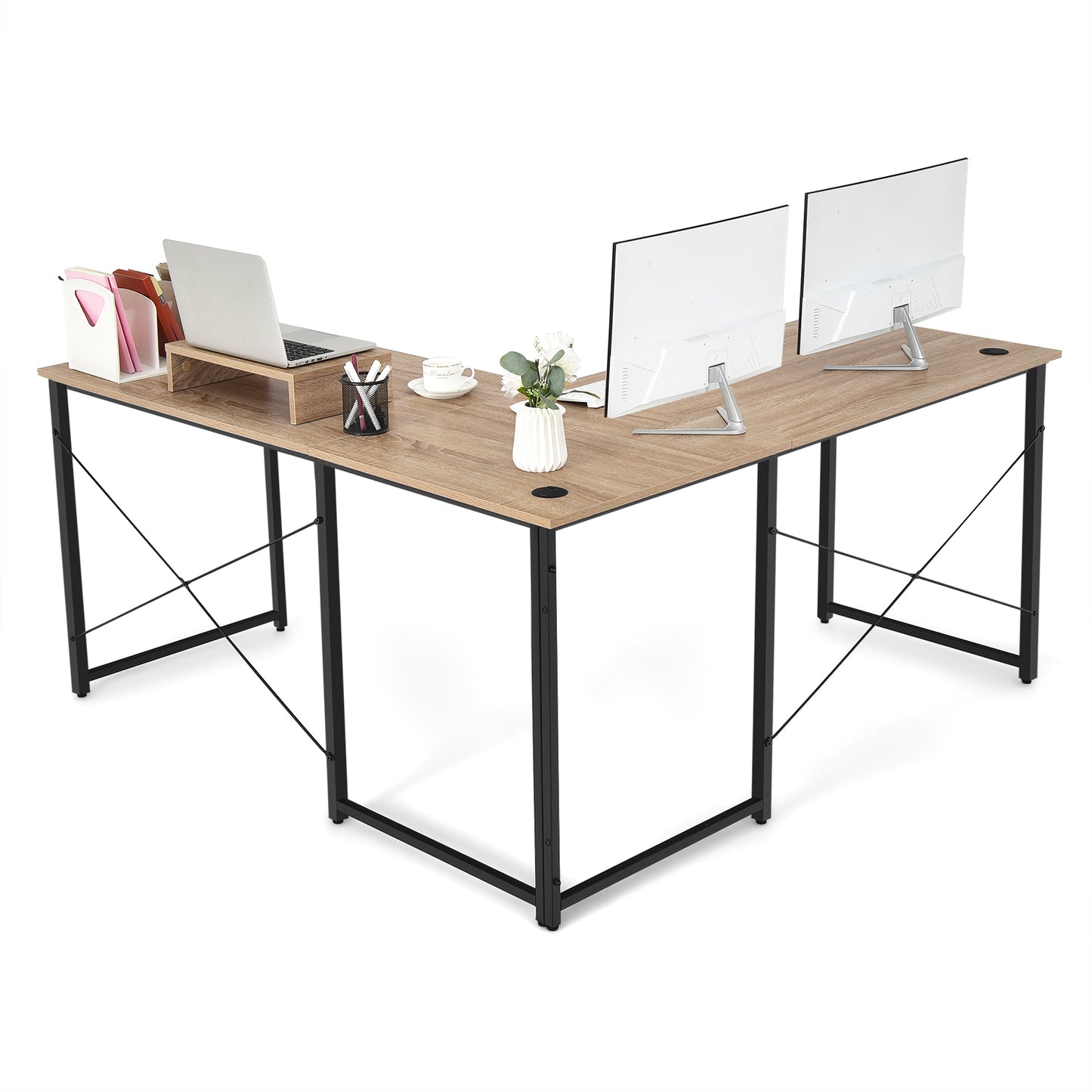Reversible Corner Study Workstation and Writing Desk with Monitor Stand-Natural, Costway, 7