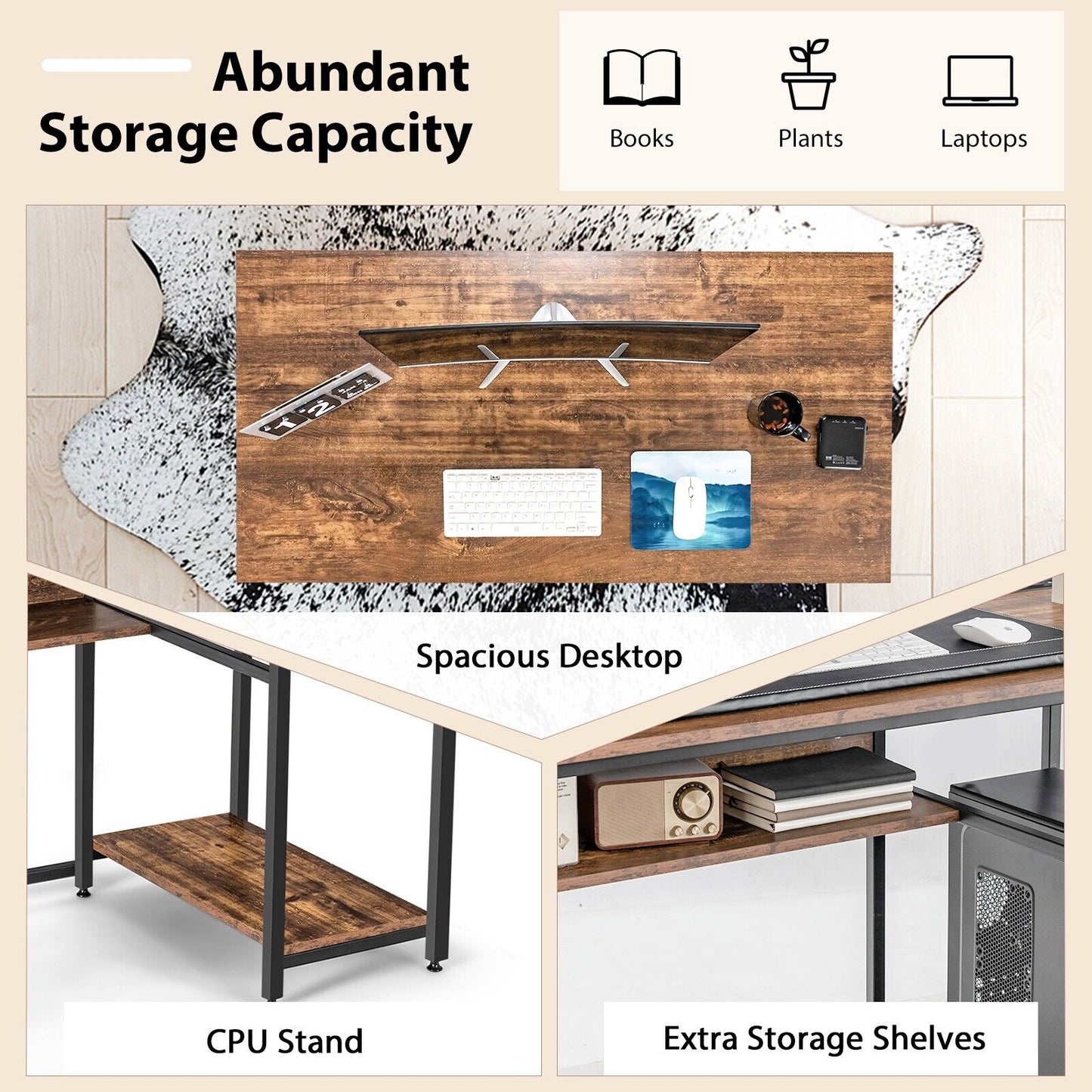 Industrial Computer Workstation Desk with Storage Shelf and CPU Stand-Rustic Brown, Costway, 3