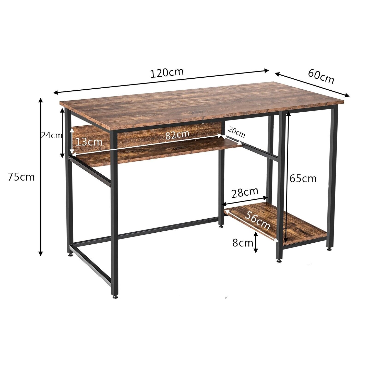 Industrial Computer Workstation Desk with Storage Shelf and CPU Stand-Rustic Brown, Costway, 4