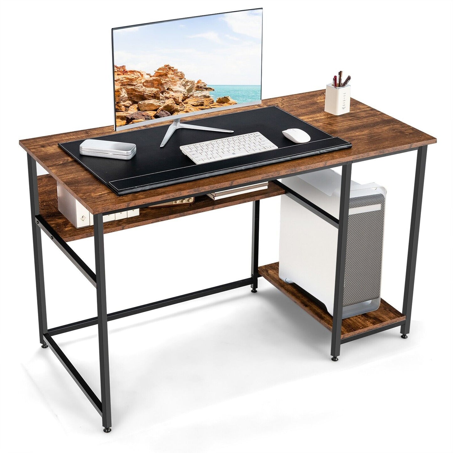 Industrial Computer Workstation Desk with Storage Shelf and CPU Stand-Rustic Brown, Costway, 6