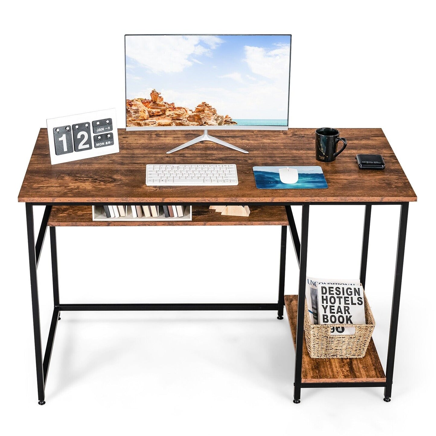 Industrial Computer Workstation Desk with Storage Shelf and CPU Stand-Rustic Brown, Costway, 7