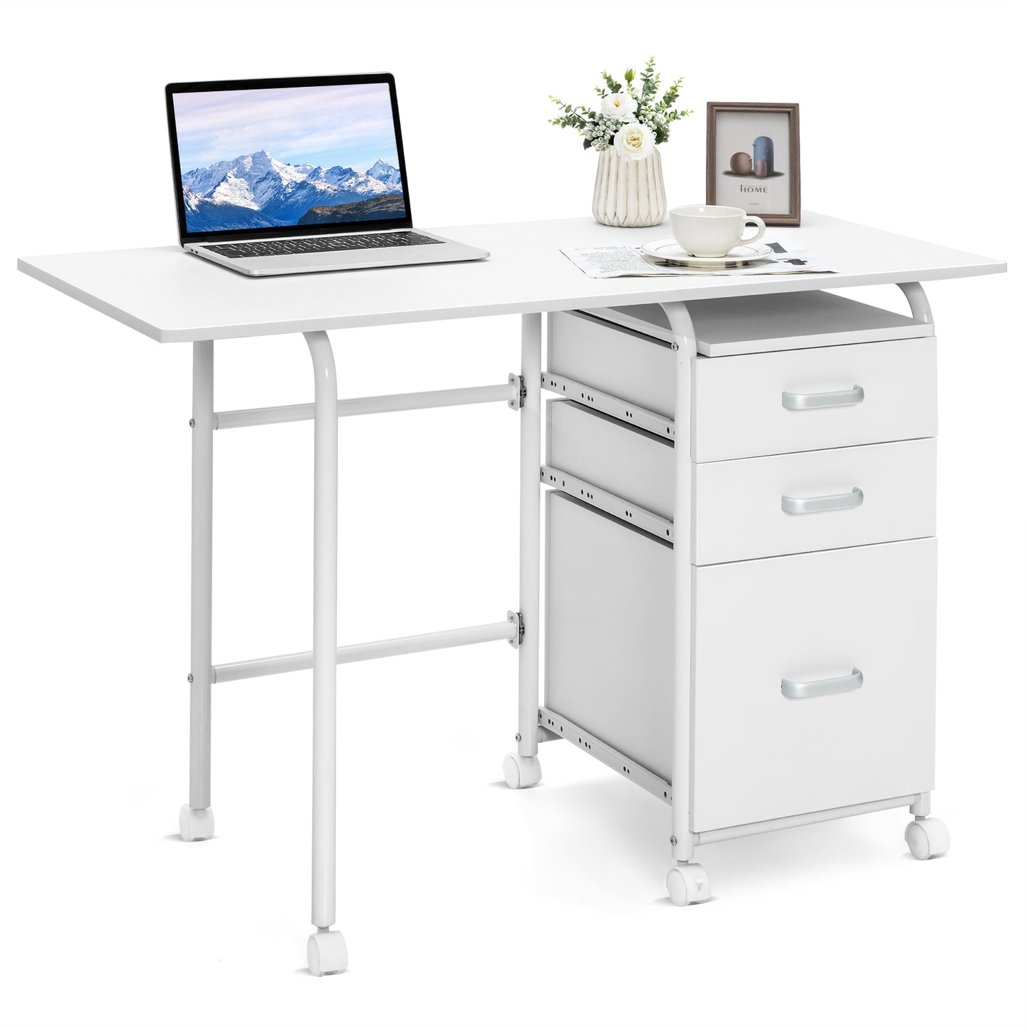 Folding Computer Desk with Rolling Wheels and 3 Drawers for Home Office-White, Costway, 1