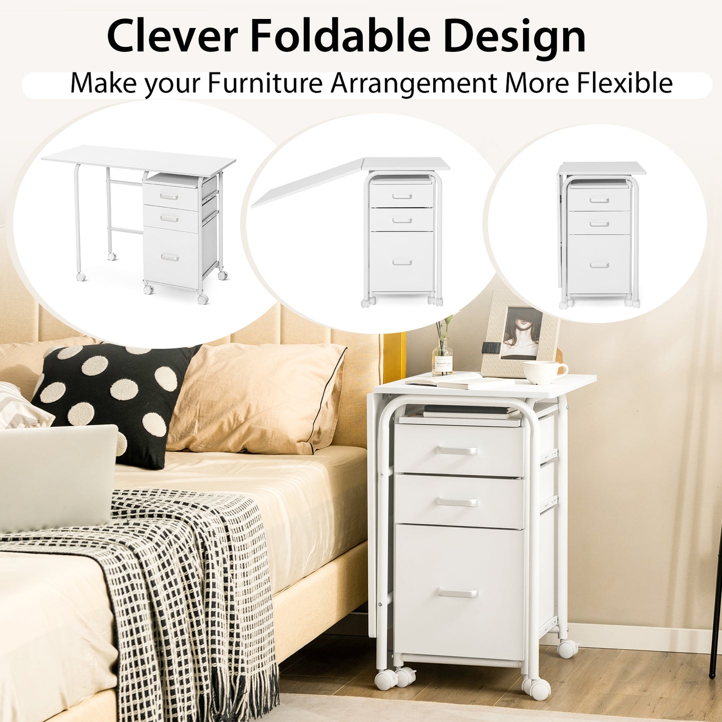 Folding Computer Desk with Rolling Wheels and 3 Drawers for Home Office-White, Costway, 6
