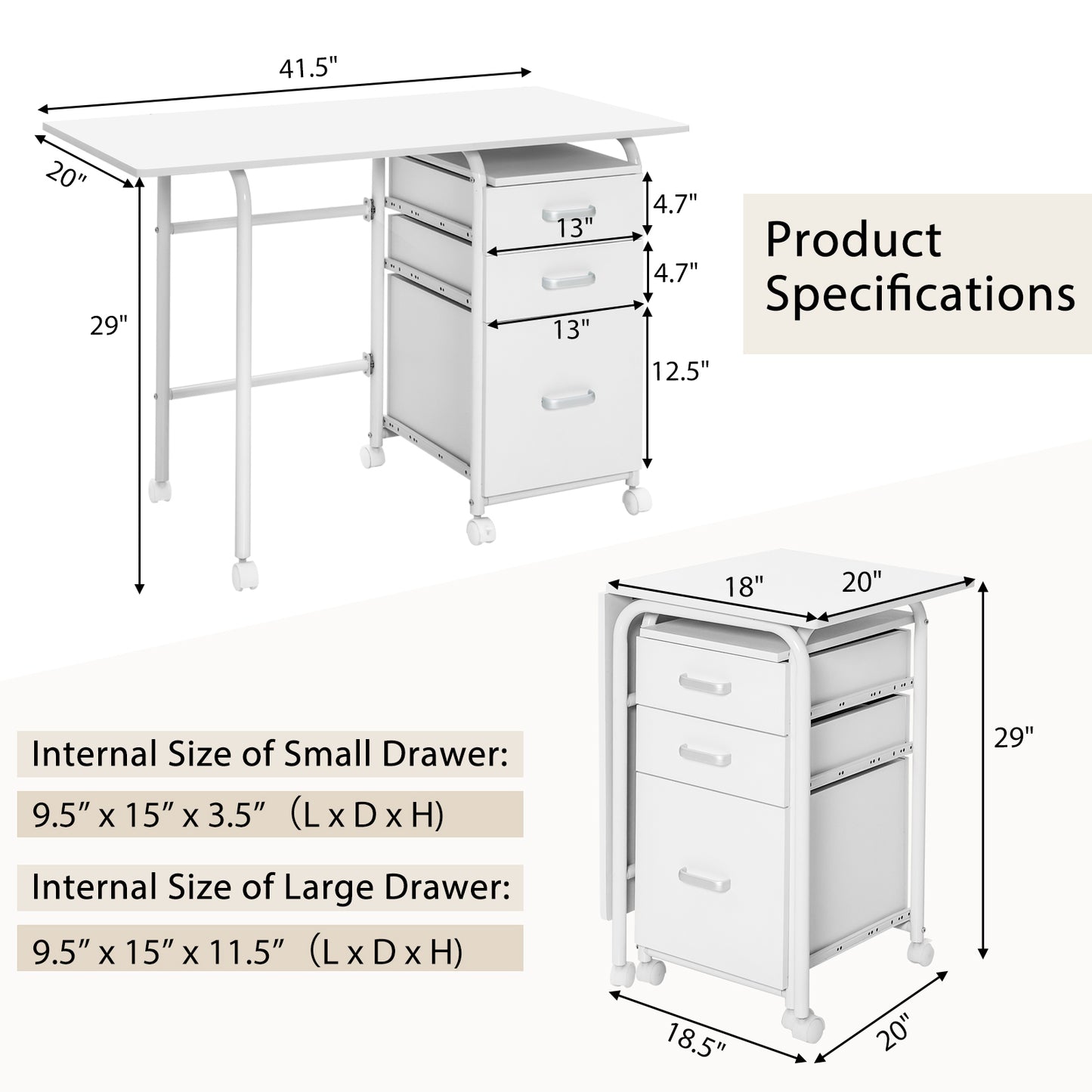 Folding Computer Desk with Rolling Wheels and 3 Drawers for Home Office-White, Costway, 5