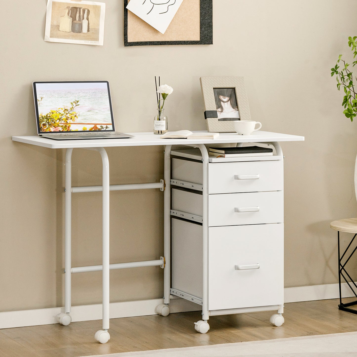 Folding Computer Desk with Rolling Wheels and 3 Drawers for Home Office-White, Costway, 3