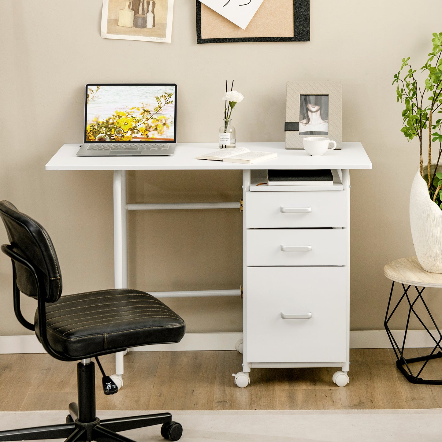 Folding Computer Desk with Rolling Wheels and 3 Drawers for Home Office-White, Costway, 7