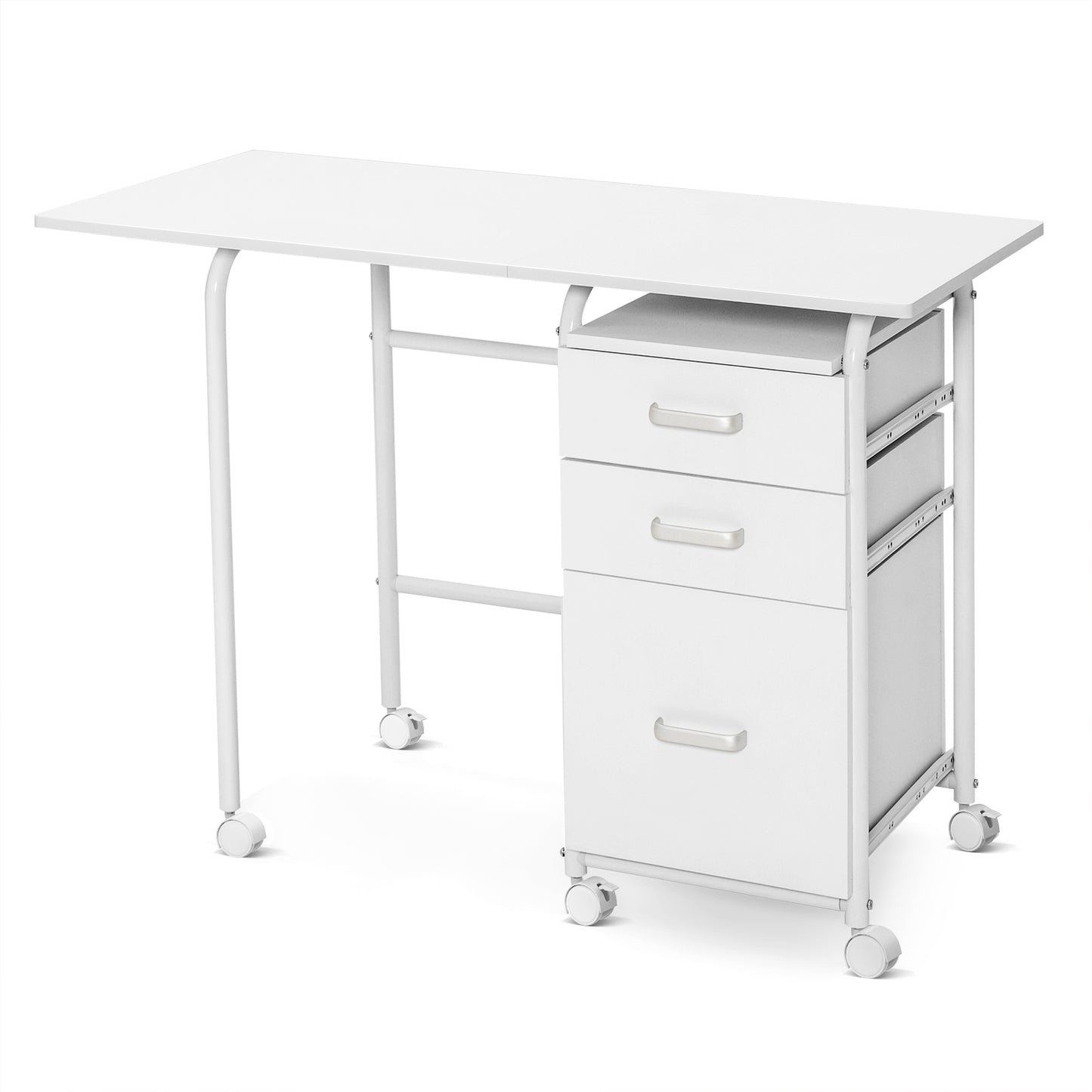 Folding Computer Desk with Rolling Wheels and 3 Drawers for Home Office-White, Costway, 4