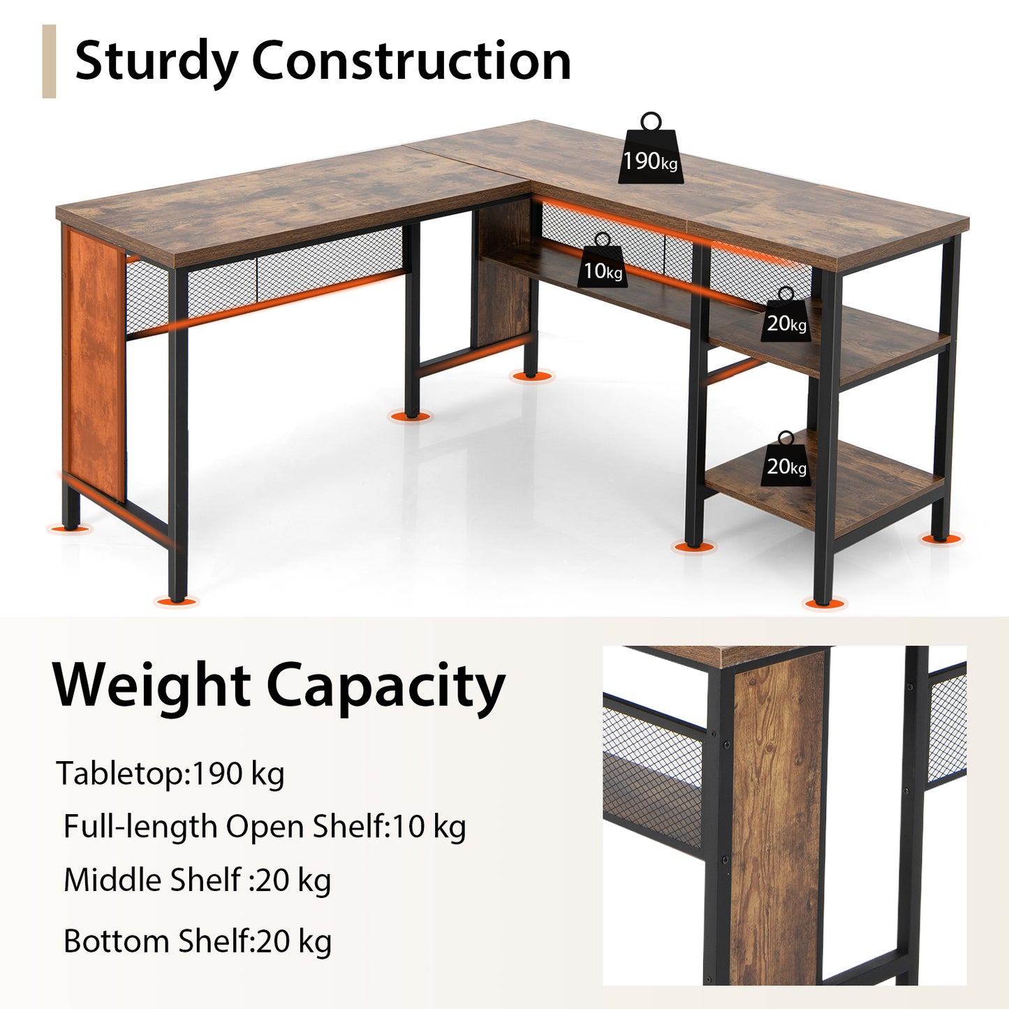 150 x 140 x 75cm Large Corner L-Shaped Computer Desk with 3 Storage Shelves-Rustic Brown, Costway, 1