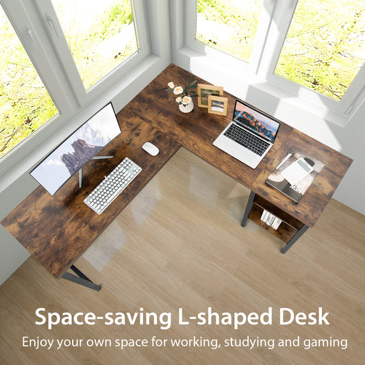 150 x 140 x 75cm Large Corner L-Shaped Computer Desk with 3 Storage Shelves-Rustic Brown, Costway, 1
