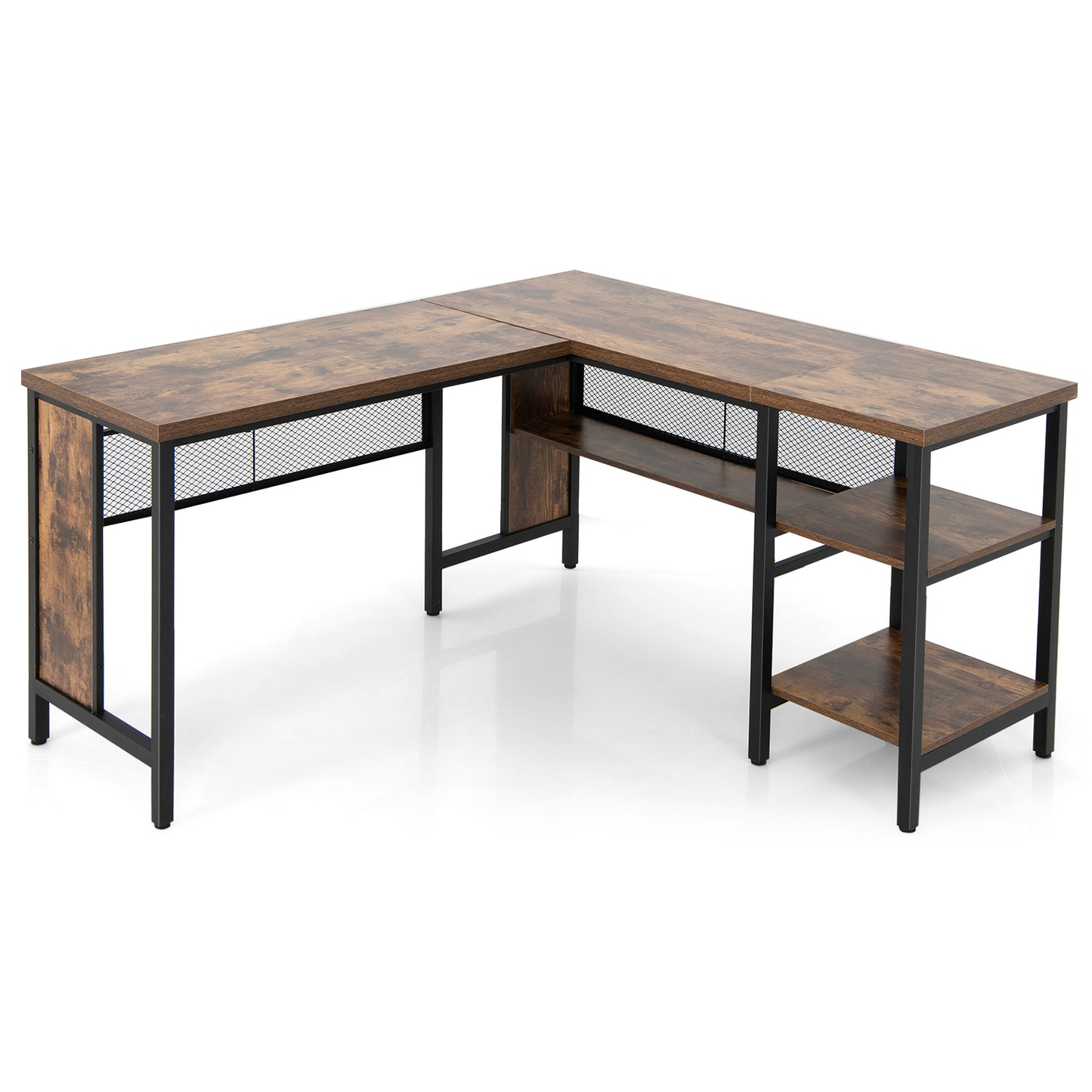 150 x 140 x 75cm Large Corner L-Shaped Computer Desk with 3 Storage Shelves-Rustic Brown, Costway, 1