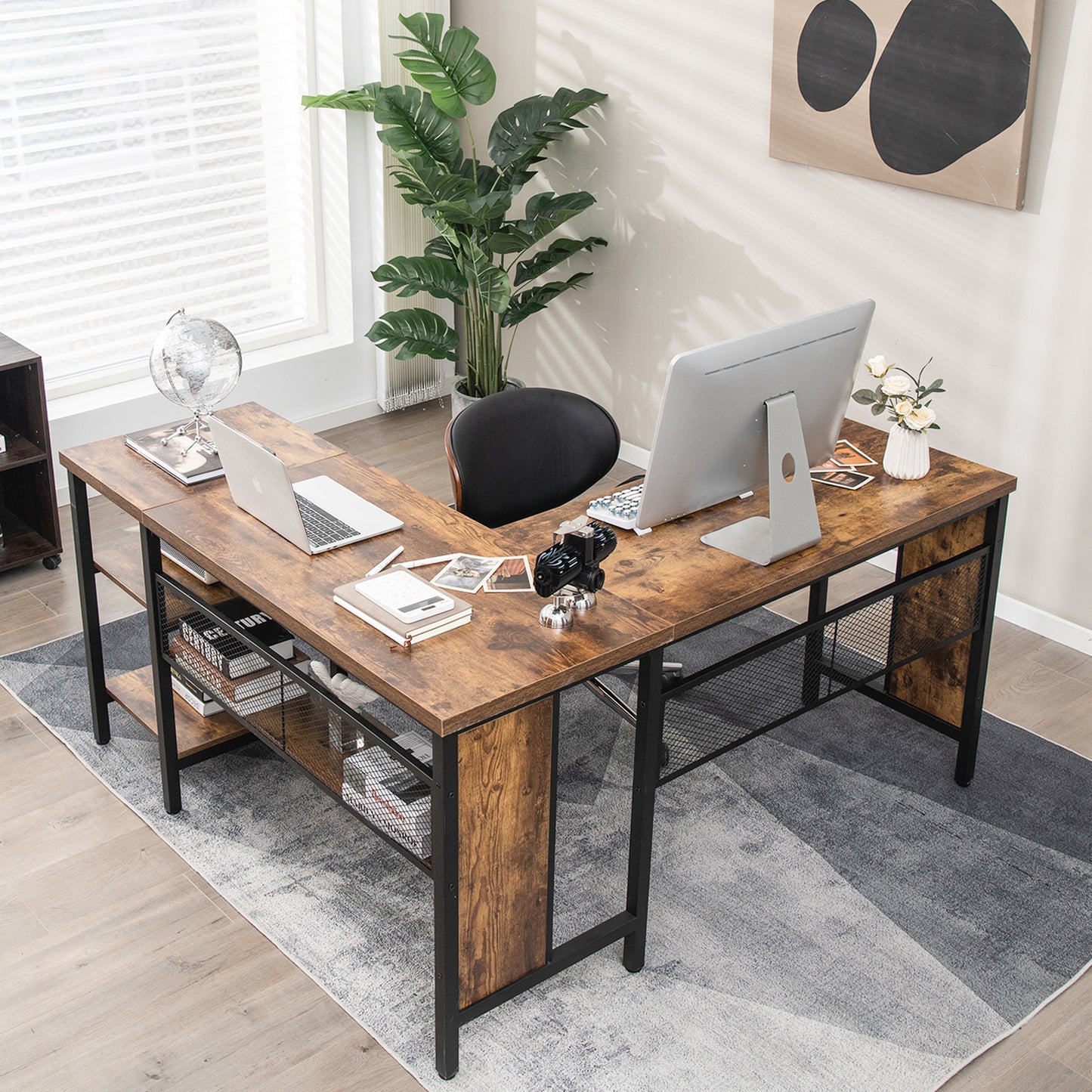 150 x 140 x 75cm Large Corner L-Shaped Computer Desk with 3 Storage Shelves-Rustic Brown, Costway, 1