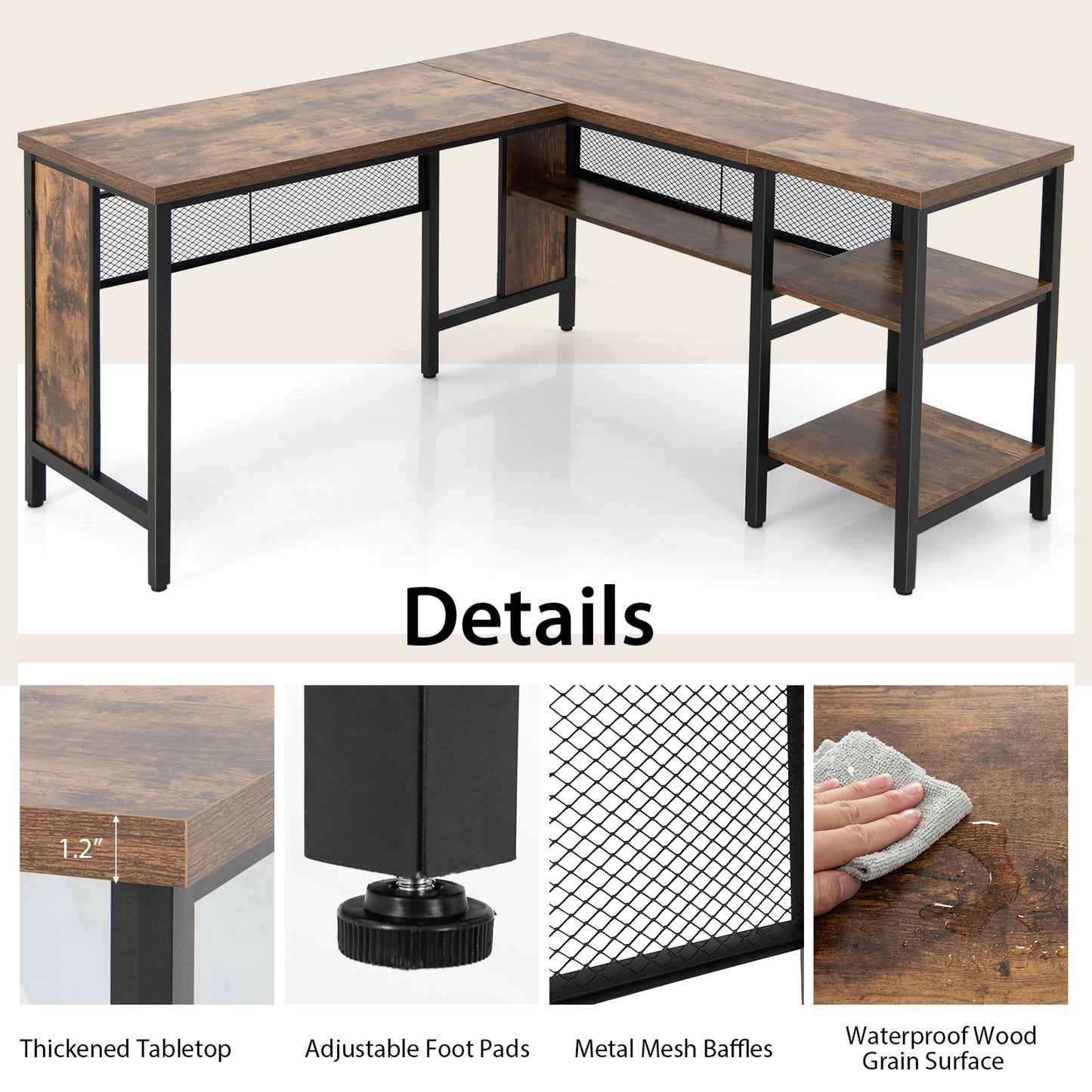 150 x 140 x 75cm Large Corner L-Shaped Computer Desk with 3 Storage Shelves-Rustic Brown, Costway, 1