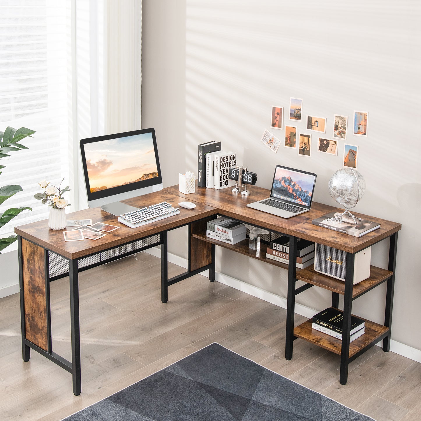 150 x 140 x 75cm Large Corner L-Shaped Computer Desk with 3 Storage Shelves-Rustic Brown, Costway, 1