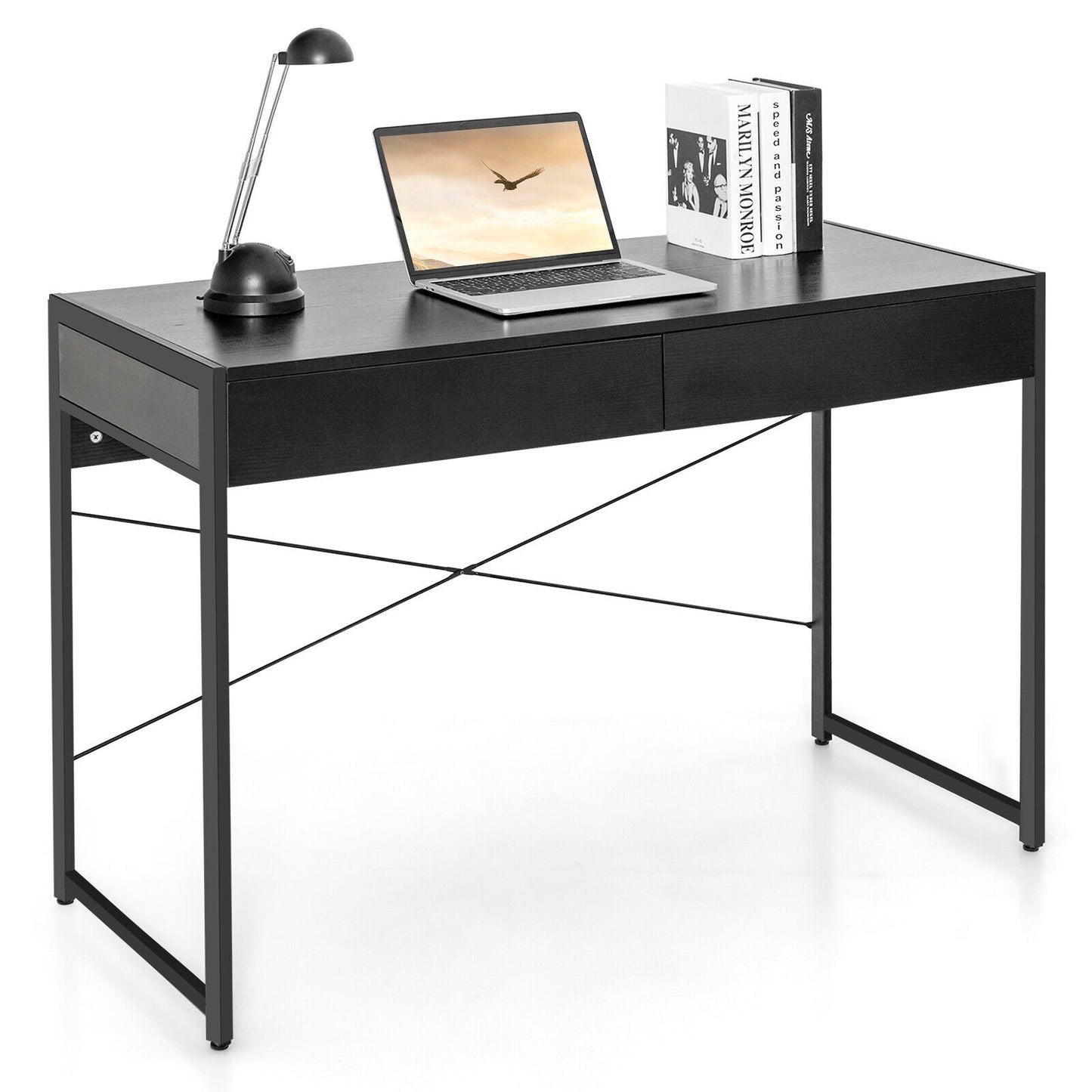 112 x 48 x 76cm Wooden Study Computer Desk with 2 Drawers-Black, Costway, 1