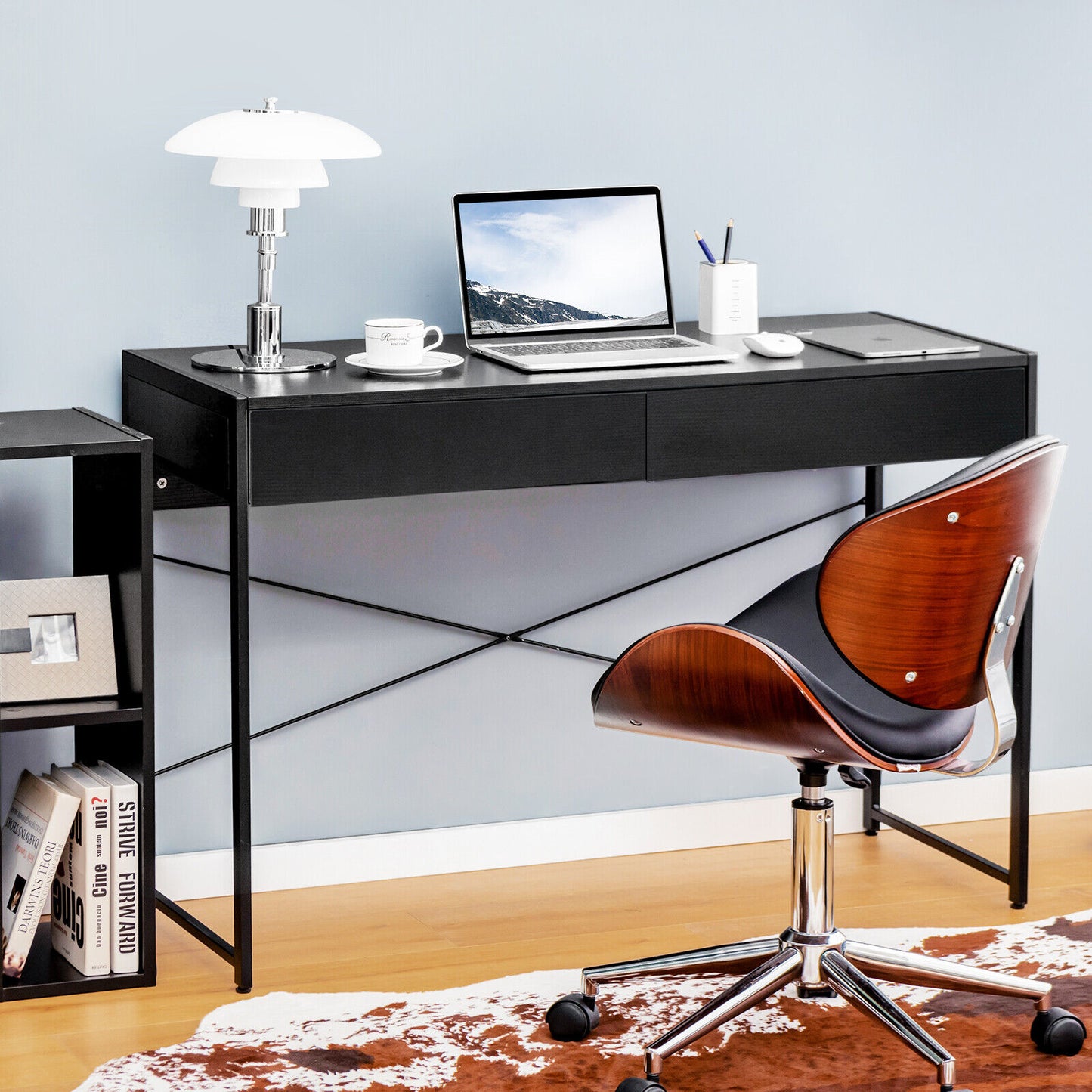 112 x 48 x 76cm Wooden Study Computer Desk with 2 Drawers-Black, Costway, 1
